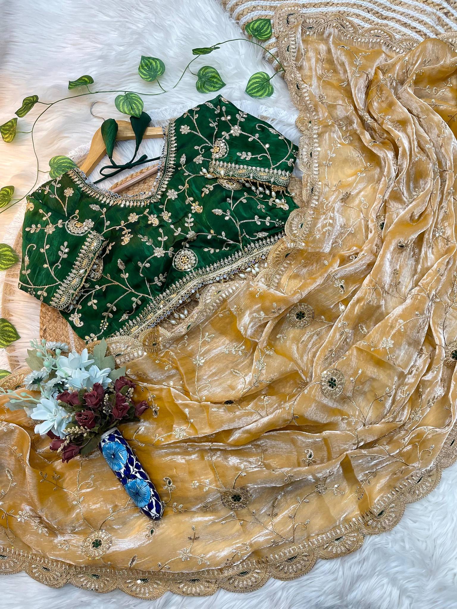 Yellow Elegant Fendy Satin Silk Saree with Dark Green Heavy Embroidered Border & Cutwork Blouse